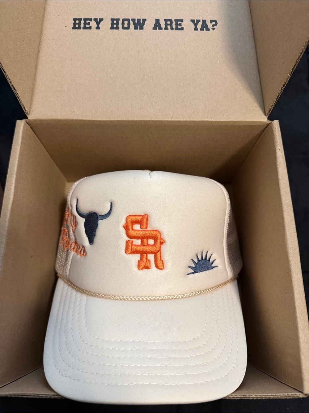 mike. Stevenson Ranch mike. Cream Trucker Hat with Orange Embroidery